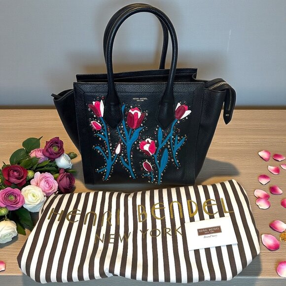 Henri Bendel Handbags - Henri Bendel Black Pebbled Leather Tote w/ Floral Appliqué & Studs